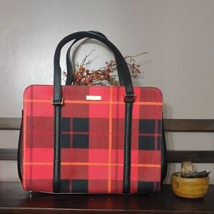 Kate Spade New York Newbury Lane Tote Red & Black Plaid & Saffiano Leather Trim